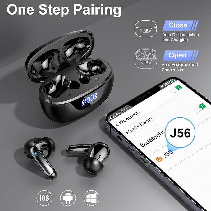 Wireless Earbuds, Bluetooth 5.4 Headphones, ENC Noise Cancelling Mic Ear buds with Stereo Bass, 48H Playtime Earphones , LED Display, IP7 Waterproof In Ear EarBuds for Phone Android iOS Sports, Black-StrideForce Fitness