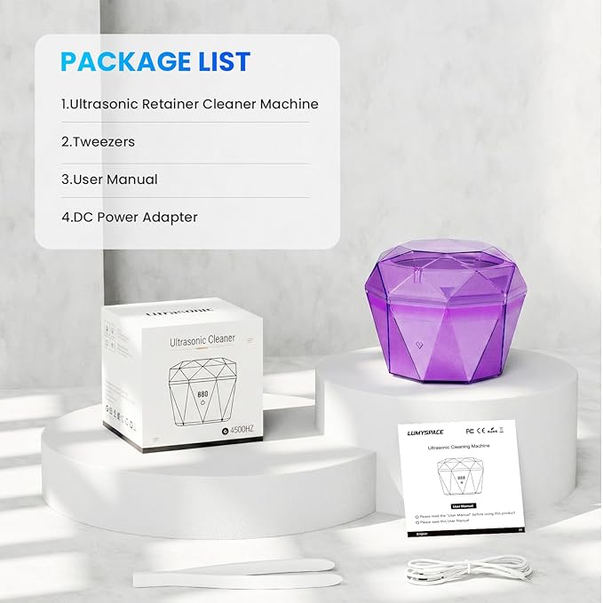 Rechargeable Ultrasonic Cleaner with 2*2000mAh Battery, 18±3W Denture Cleaner Machine| 43±5KHz Sonic, Digital Timer, U-V-C Light, Dental Retainer Cleaning Pod for Invisalign Mouthguard Braces Jewelry