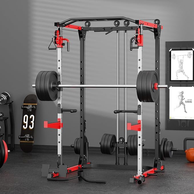 Smith Machine, Power Rack with LAT Pulldown System, Power Cage with Cable System, Squat Rack for Home Gym with Chest Press Machine, Spotter Arms, Leg Curl Attachment and More-StrideForce Fitness