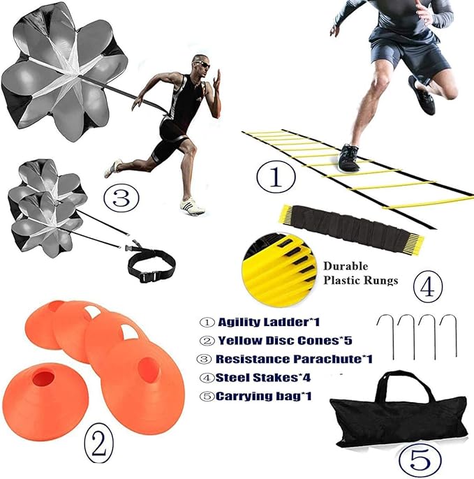 Speed Agility Training Kit-12 Rung 20Ft Agility Ladder, 5 Round Training Cones,Resistance Parachute, 4 metal Stakes & Carrying bag, football ladders for Faster Footwork and Better Movement Skills