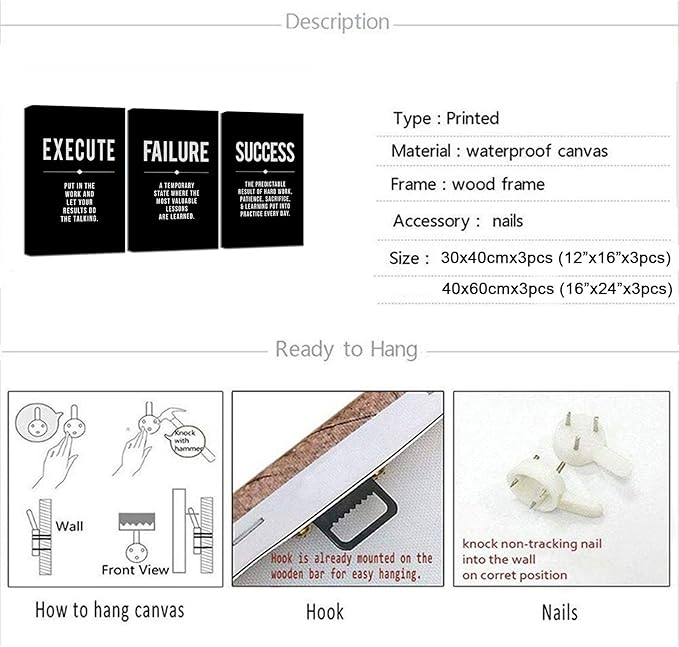 Framed Canvas Wall Art Success Quote, Office Wall Art, Black Large Poster, Positive Motivational Set of 3 Prints, Execute Failure Definition, Inspirational Print (A-3pcs,16x24inchx3pcs)-StrideForce Fitness