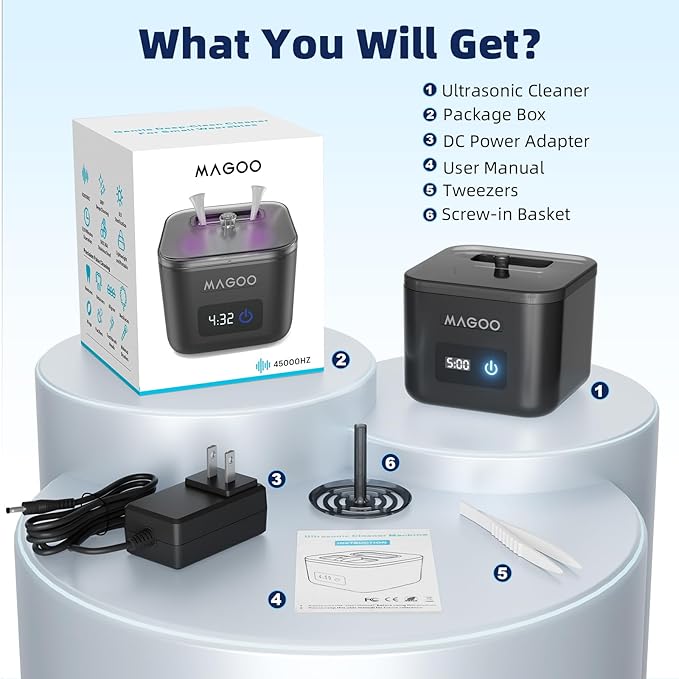 Ultrasonic Retainer Cleaner Machine, Denture Cleaner, All-in-One Dental & Jewelry Cleaner for Aligners, Night Guards, Dentures, Braces, Mouth Guards, Toothbrush Heads, 45kHz, 200ML, Dual Modes