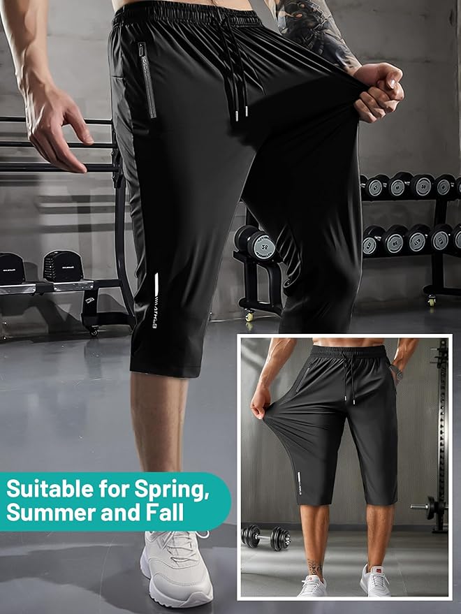 Men's Capri Pants 3/4 Joggers Gym/Workout/Hiking Below Knee Long Shorts Lightweight Quick Dry with Zipper Pockets-StrideForce Fitness