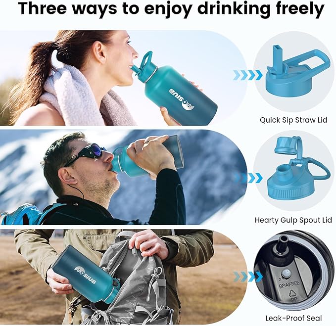 Insulated Water Bottle 128 oz, Triple Wall Vacuum Stainless Steel(Cold for 48 Hrs),Leak Proof & BPA-Free,One Gallon Water Bottle with Reflective Paracord & Flip Straw for Sports & Travel, CyanBlue-StrideForce Fitness