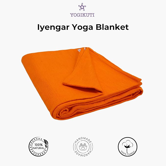 Yogikuti Iyengar Cotton Yoga Blanket Set of One – Thick Handwoven Yoga Blankets for Restorative Yoga, Meditation & Pranayama – Premium Cotton Yoga Blanket for Support & Comfort in Pranayama (Orange)-StrideForce Fitness