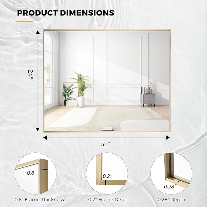 24x32 Inch Brass Bathroom Mirror for Wall, Aluminum Frame Rectangle Rectangular Vanity Mirror, Modern Large for Bedroom, Living Room, Horizontal or Vertical-StrideForce Fitness