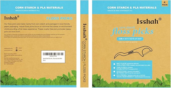 Natural Dental Floss Picks - 200 Count - PETA Approved, BPA Free, Vegan, Sustainable, Eco Friendly, Natural Dental Flossers by Isshah (Mint)