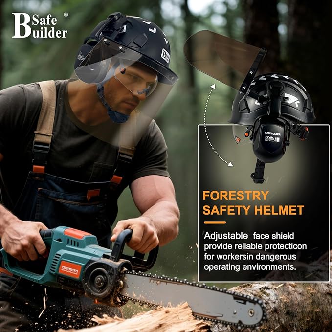 Forestry Safety Helmet with Build-in Visor Mesh Face Shield Ear Muffs 4 in 1 Chainsaw Safety Hard Hats-StrideForce Fitness
