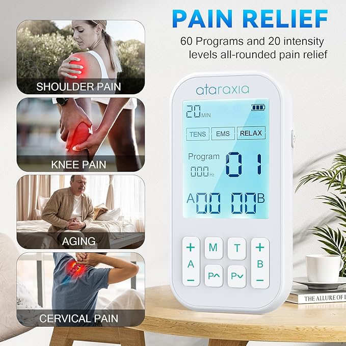 TENS Unit Muscle Stimulator, 3-in-1 EMS Massager Machine, Masajeador Muscular Electrico with 60 Modes, for Gradual Shoulder, Sciatica, Muscle Relaxation,Relieve Back Pain, with 12 TENS Pads