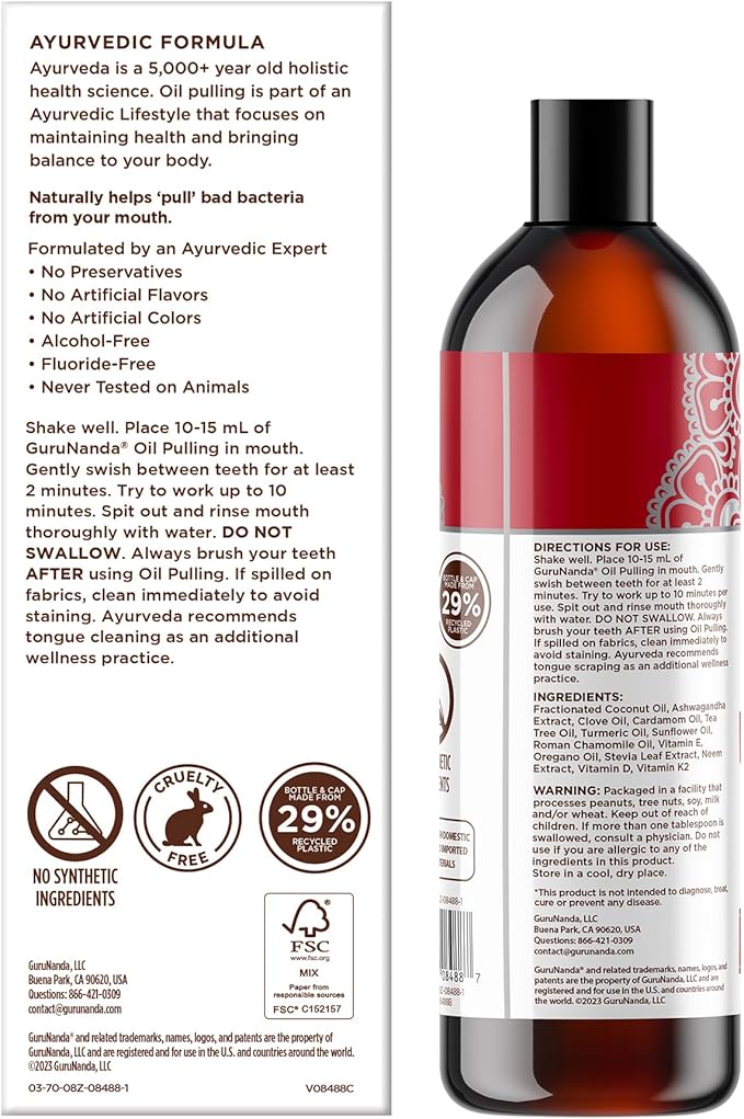 GuruNanda Cinnamon Oil Pulling Mouthwash, Promotes Calmness, with Neem & Ashwagandha for Fresh Breath & Happy Gums, Alcohol-Free, with Toothbrush & Tongue Scraper, 3X8 Oz