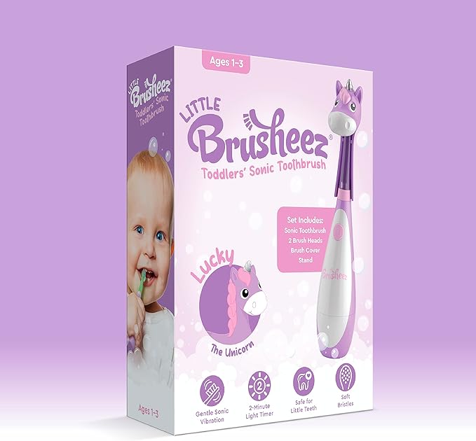 Brusheez Little Toddlers’ Sonic Toothbrush - Safe & Gentle Toothbrush for Ages 1-3 with Built-in, Light-Up 2-Minute Timer, Extra Brush Head, & Storage Base for First-Time Brushers (Lucky The Unicorn)