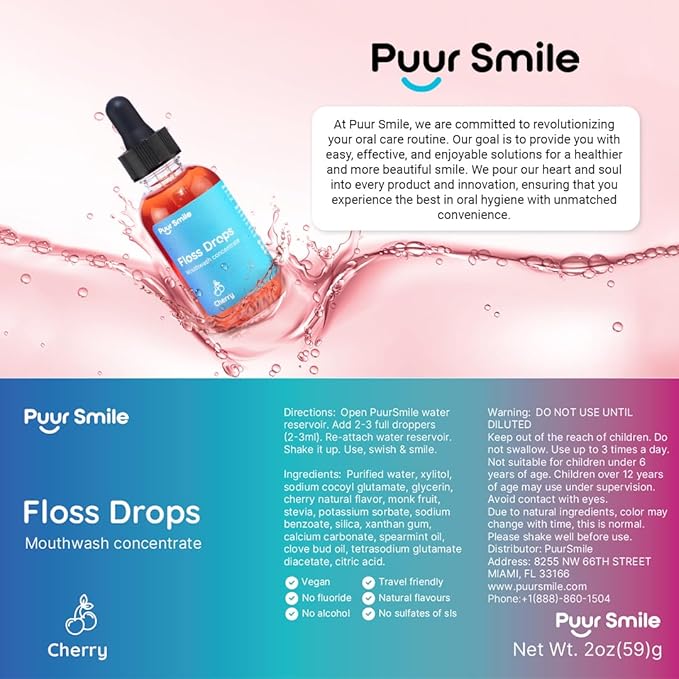 Concentrated Floss Drop Serum – 2oz Concentrated Mouth Wash to Use in Water Flosser | Natural Essentials Promotes Good Breath | Organic Drop Provides Good Oral Health (Cherry Flavor)