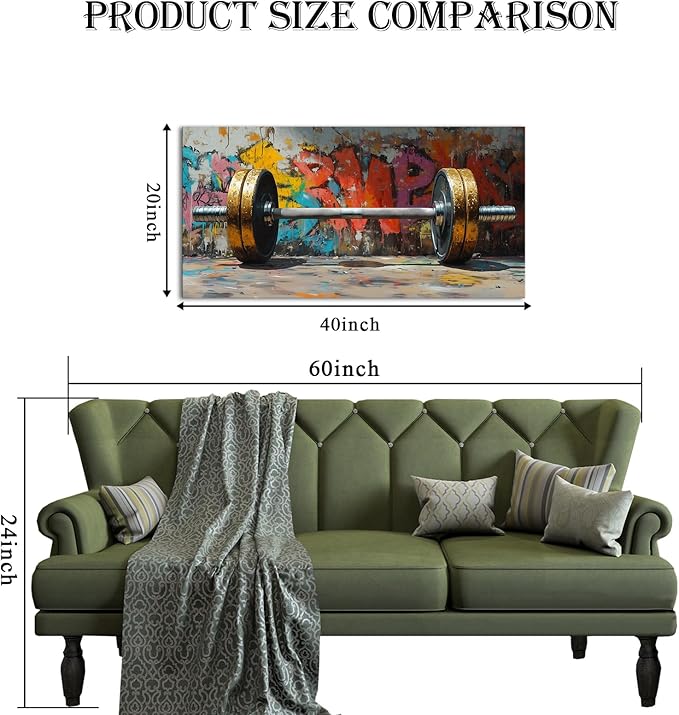 VANSEEING Graffiti Gym Wall Art Canvas Prints Barbell Weightlifting Fitness Picture Sport Motivational Artwork Oil Painting Wall decor for Workout Bedroom Fitness Boys Room 40x20 inch-StrideForce Fitness