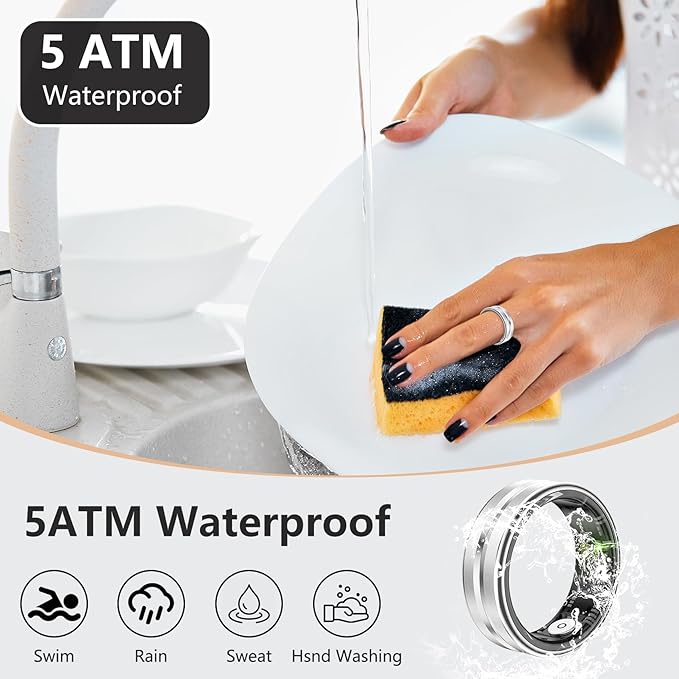 Thin Smart Ring for Fitness & Health Tracking -Heart Rate/Blood Oxygen Monitor, 5ATM Waterproof, Sleep Analysis, Pedometer -No APP Subscription Compatible with Smartphone (Silver, 8)-StrideForce Fitness