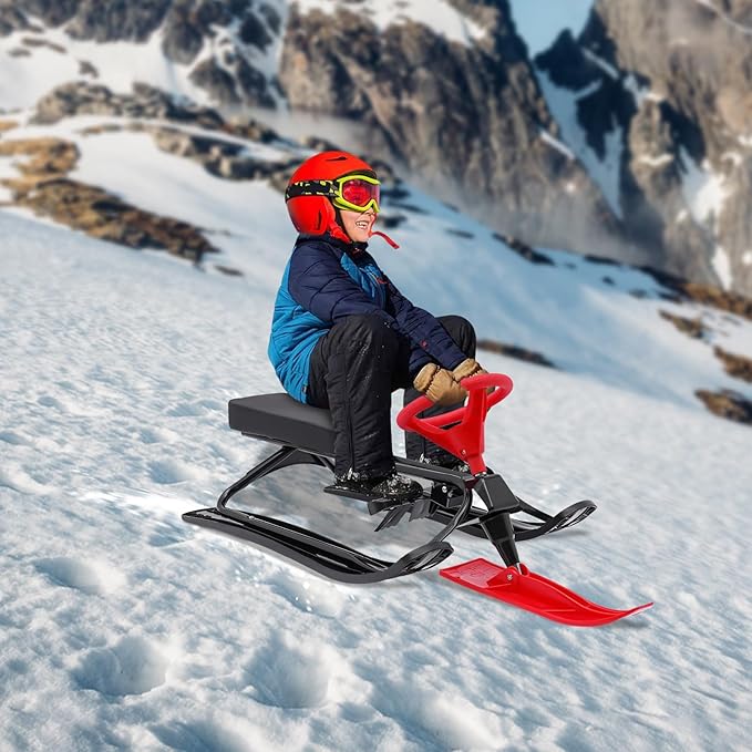 Snow Racer Sled with Steering Wheel and Brakes, Durable Steel Frame, Downhill Steerable Sled for 220 LBS Kids, Teenagers, Adults-StrideForce Fitness