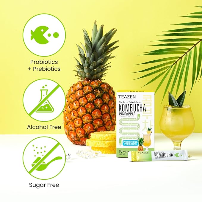 TEAZEN Pineapple Kombucha Tea, Hydration Drink Mix, Sugar Free, Live Probiotics & Prebiotics, 10 Sticks, 1.76oz-StrideForce Fitness