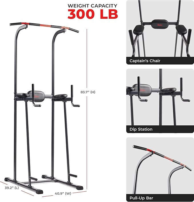 Sunny Health & Fitness Power Tower, Dip Bar, Push-Up & Pull Up Assisting Parallette Station w Optional Rock Climbing Grip Trainer-StrideForce Fitness