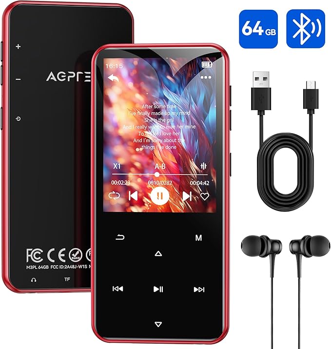 AGPTEK 64GB MP3 Player with Bluetooth, M3 2.4 inch Music Player with Speaker and FM Radio, Touch Buttons, Supports Up to 128GB (Black Red)-StrideForce Fitness