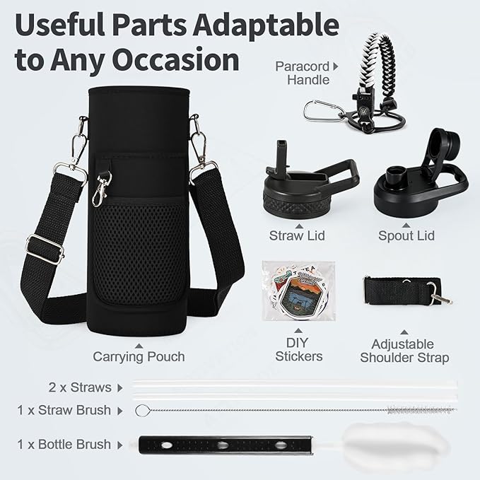 40 oz Insulated Water Bottle with Straw (Cold for 48 Hrs), Stainless Steel Triple Wall Vacuum Sports Water Jug, Leakproof Hydro Cup Flask with Paracord Handle & Straw Spout Lids & DIY Stickers-StrideForce Fitness