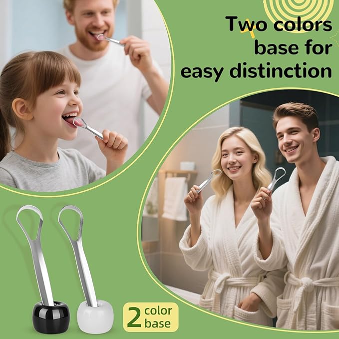 Tongue Scraper for Adults with 2 Ceramic Holder and 2 Travel Case – 2 Pack Stainless Steel Tongue Scraper for Tongue Cleaning and Reducing Bad Breath, Tongue Cleaner