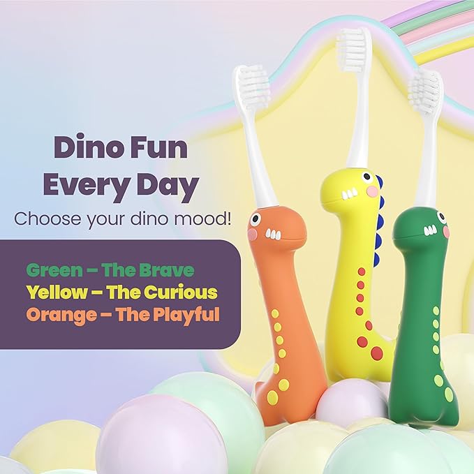 Well Before Dinosaur Kids Toothbrush, 0.12mm Soft Filament Toddler Toothbrush for Kids 6-12 Make Brushing Fun and Protect Kids Delicate Teeth (Pack of 3)