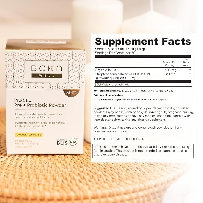 Boka Pro Stix Oral Probiotics for Mouth Bad Breath - 30ct Dental Probiotics Powder, Oral Health Pre + Probiotics for Teeth and Gums, BLIS K12 Oral Probiotic for Healthy Gum Health, Lemonade Lavender