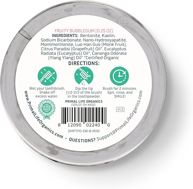 Primal Life Organics - Dirty Mouth Toothpowder, Tooth Cleaning Powder, Flavored Essential Oils with Natural Kaolin & Bentonite Clay, Good for 60+ Brushings, Organic, Vegan (Sweet Bubblegum, 0.25 oz)