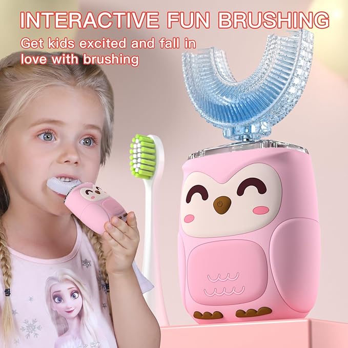 Kids Electric U Shaped Toothbrush Kids Sonic Toothbrush with 4 Soft Brush Head Automatic Full Mouth 6 Cleaning Mode-(Age2-7 Pink)