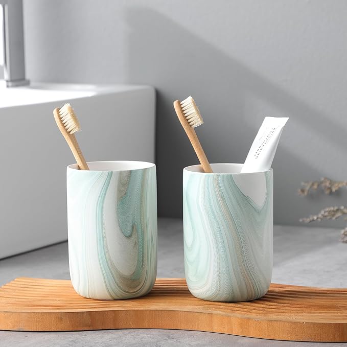 Green Marble Toothbrush Holders - Ceramic Toothbrush Holders for Bathrooms, Toothbrush Toothpaste Holders, Marble Bathroom Tumbler Cups Reusable Toothbrush Mouthwash Cup, Bathroom Counter Organizer