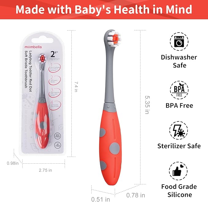 Mombella Ladybug Toddler Toothbrush for 2 Years+, Soft Red Dot Bristle Kids Toothbrush Age 2-4, Easy to Use, Oral Hygiene Care for Infant Teeth and Gums, Safe and Sturdy, 1pc