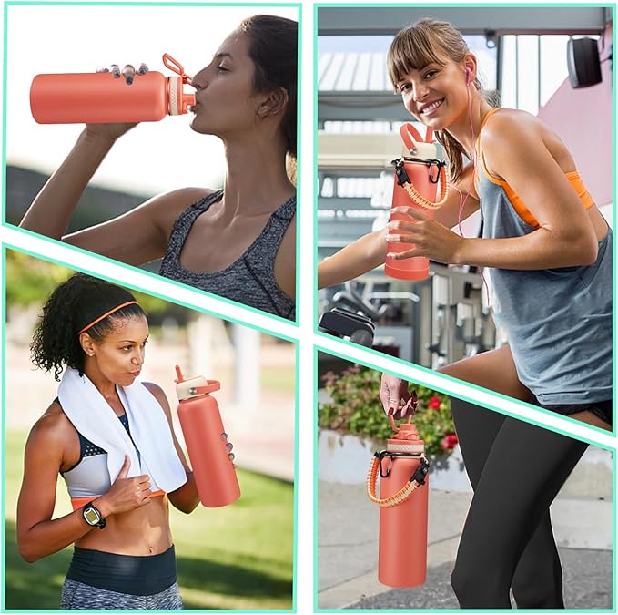 40 oz Stainless Steel Water Bottles with Straw and Auto Spout Lids, Wide Mouth Metal Thermo Bottles for Gym, Leak Proof & BPA-Free Water Flask Jug with Paracord Handle & Carrier Bag with Strap-StrideForce Fitness