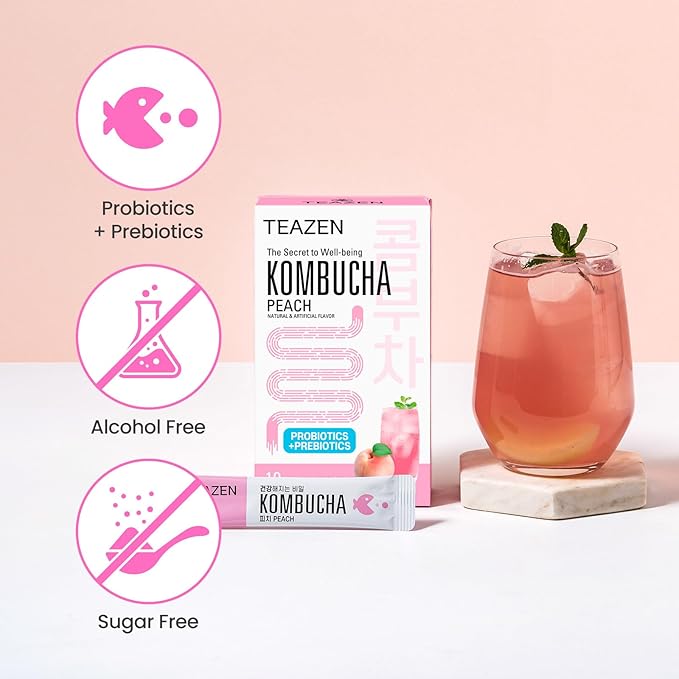 TEAZEN Peach Kombucha Tea, Hydration Drink Mix, Sugar Free, Live Probiotics & Prebiotics, 10 Sticks, 1.76oz-StrideForce Fitness
