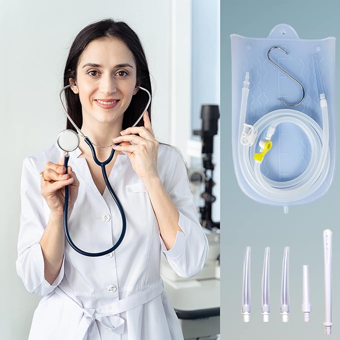 Silicone Enema Bag Kit with 6.3ft Hose, 5 Enema Tips, Controllable Flow Valve and Water Thermometer - 2 Quart Capacity Coffee enemas for Colon Cleanse-StrideForce Fitness