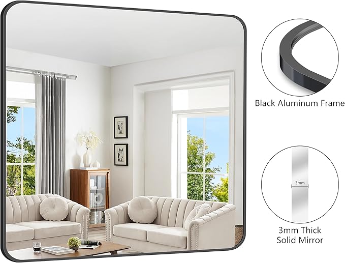FORBATH Bathroom Mirror 42x42 Inch, Large Square Vanity Mirror with Black Aluminum Frame Rounded Corner, Wall Mounted Mirror for Bathroom Bedroom Entryway Living Room Home Decoration-StrideForce Fitness