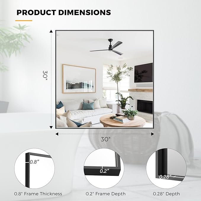 30x30 Inch Black Bathroom Mirror for Wall, Aluminum Frame Rectangle Rectangular Vanity Mirror, Modern Large for Bedroom, Living Room, Horizontal or Vertical-StrideForce Fitness