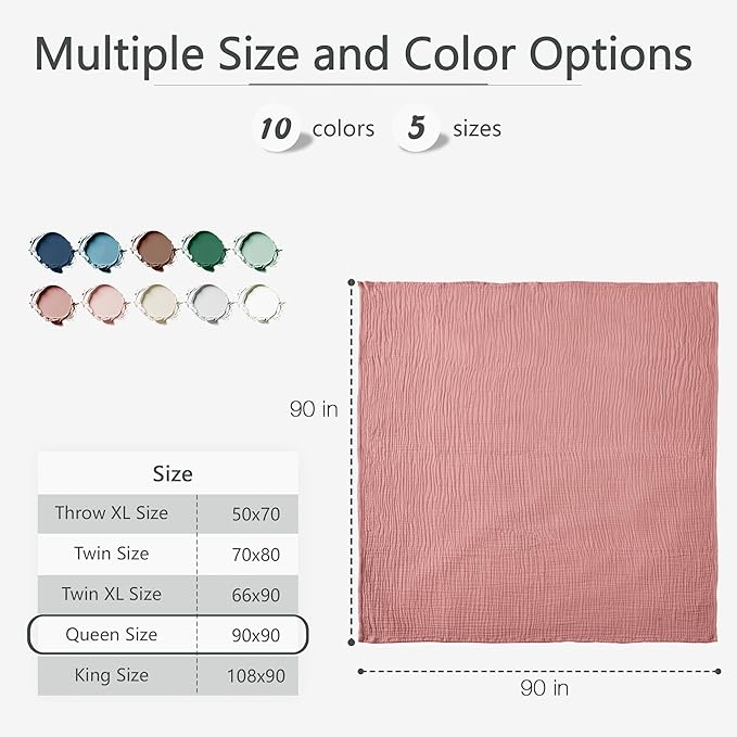 Carriediosa 100% Cotton Muslin Throw Blanket 90" X 90" Queen Size,4-Layers Summer Gauze Throws for Bed Couch,Soft Lightweight Breathable Linen Blankets Bedspread for Adults All Season,Mauve-StrideForce Fitness