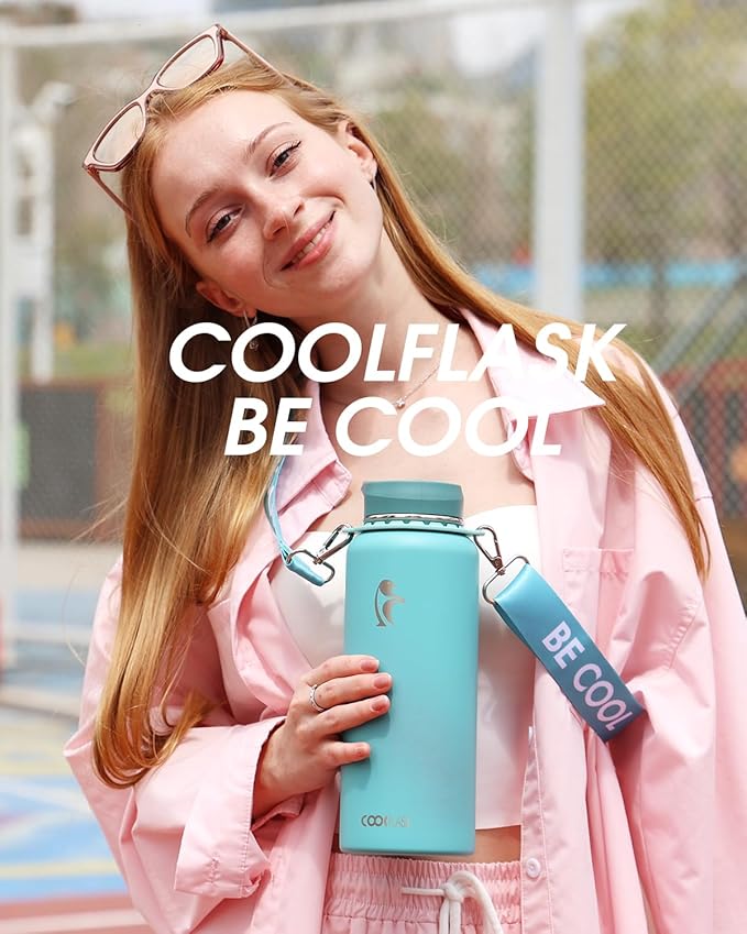 Coolflask Water Bottle 40 oz with Strap, Insulated Metal Water Flask with Straw & Spout Lids, Stainless Steel Double Wall Vacuum, Keep Cold 48h Hot 24h, Leak Proof & Non-BPA, Agate Green-StrideForce Fitness
