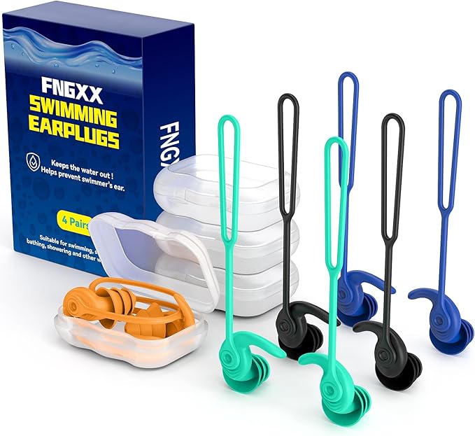 Swimming Ear Plugs for Adults, 4 Pairs Waterproof Reusable Silicone Swim Earplugs with Removable Cord, Perfect for Swimming, Showering, Surfing and Other Water Sports - Two Wearing Styles-StrideForce Fitness