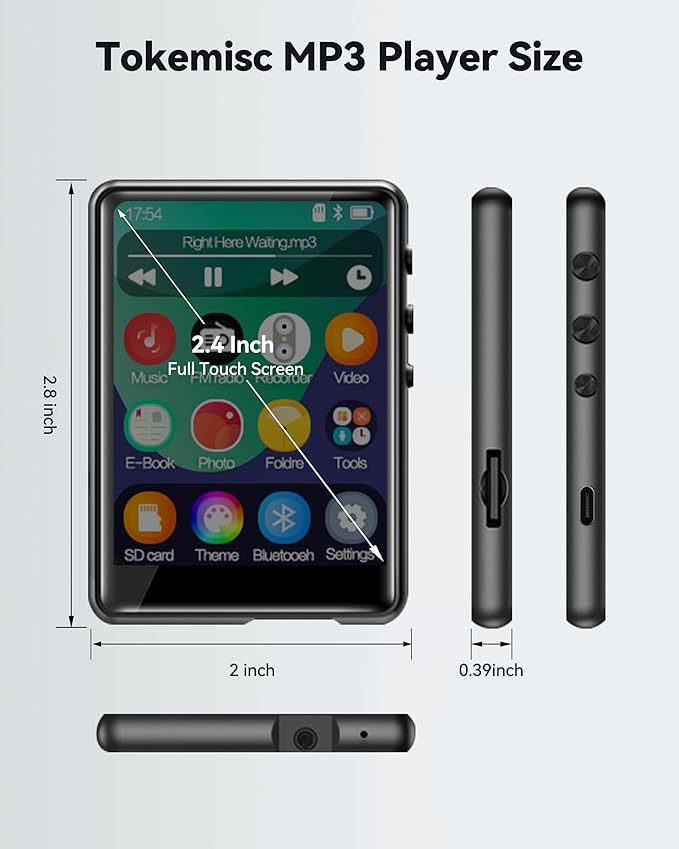 MP3 Player with Bluetooth 5.3,Tokemisc 16GB Full Touchscreen Kids Portable Music Device with Speaker,FM Radio,E-Book,Built-in Micro SD Card Slot,Earphones Included,Max 512GB Expand-StrideForce Fitness