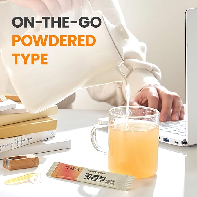 TEAZEN Lemon Ginger Hot Kombucha Tea, Live Probiotics & Postbiotics, Relaxation and Warmth for Colds and Sore Throat, Hydration Drink Mix, Sugar Free, 30 Sticks, 5.29oz-StrideForce Fitness