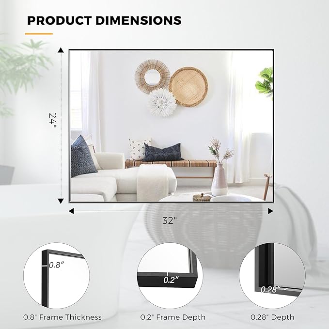 24x32 Inch Black Bathroom Mirror for Wall, Aluminum Frame Rectangle Rectangular Vanity Mirror, Modern Large for Bedroom, Living Room, Horizontal or Vertical-StrideForce Fitness
