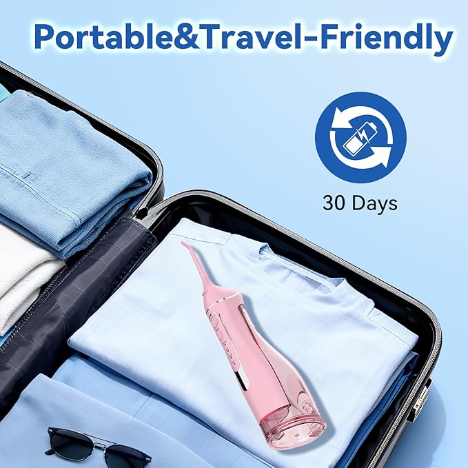 Cordless Portable Water Flosser with 300ML Tank: Rechargeable Oral Irrigator with 5 Tips for Travel, Braces Care and Sensitive Gums, IPX7 Waterproof Teeth Cleaning Device(Pink)