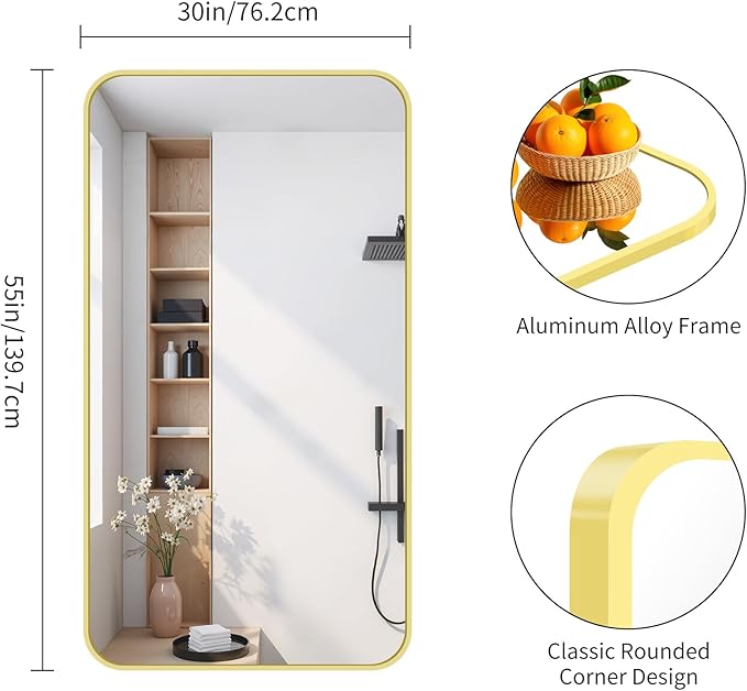FORBATH 30x55 Inch Gold Bathroom Mirror for Over Sink, Large Rectangular Wall Mirror with Metal Frame, Rounded Corners for Bathroom, Bedroom, Entryway Decor (Horizontal or Vertical)-StrideForce Fitness