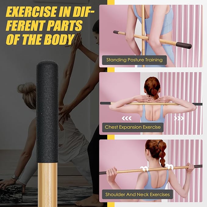 Bamboo Stretch Yoga Stick, 5ft/149 cm, Flexibility Stick for Physical Therapy, Premium Yoga Dowel with Super Sturdy Rubber Handle Ends, Exercise Bar for Posture Corrector-StrideForce Fitness