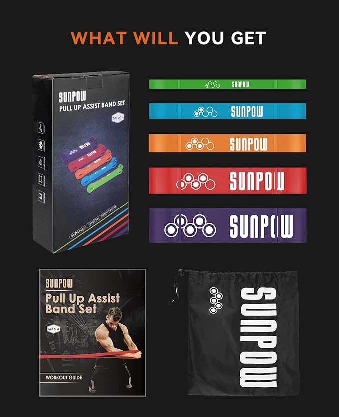 SUNPOW Pull Up Assistance Bands - Set of 5 Resistance Heavy Duty Workout Exercise Stretch Fitness Bands Assist Set for Body, Instruction Guide and Carry Bag Included-StrideForce Fitness