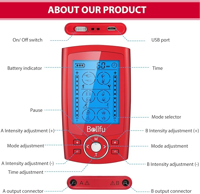 Belifu Dual Channel TENS EMS Unit 24 Modes Muscle Stimulator for Pain Relief Therapy, Electronic Pulse Massager Muscle Massager with 10 Pads, Dust-Proof Drawstring Storage Bag, Fastening Cable Ties