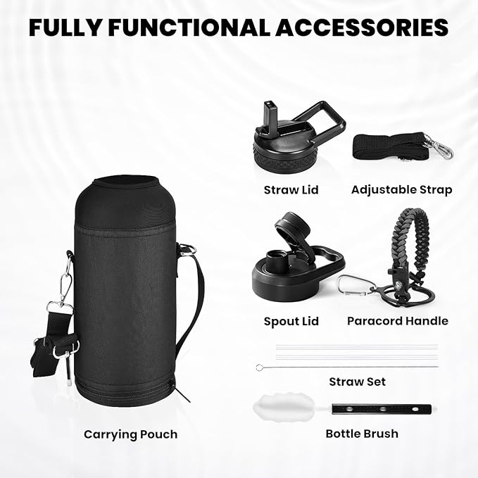 Insulated Water Bottle 32 oz, Triple Wall Vacuum Stainless Steel (Cold for 48 Hrs), Leak Proof & Non-BPA, Modern Water Flask Jug with Paracord Handle & Straw Spout Lids, Dark Grey-StrideForce Fitness
