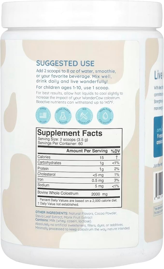 Colostrum Supplement Powder for Gut Health, Immune Support, Muscle Recovery & Wellness | Natural IgG Pure Whole Bovine Colostrum Superfood, Chocolate, 60 Servings-StrideForce Fitness