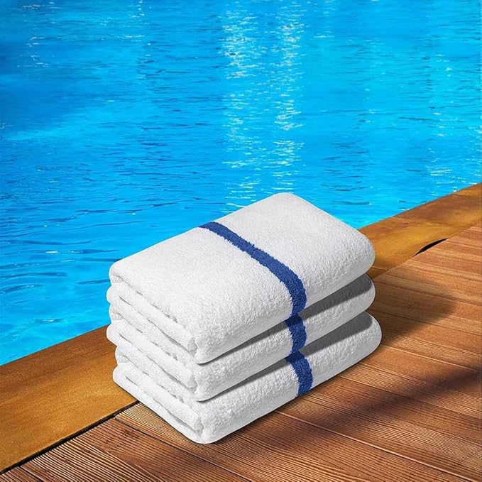 Blue Center Stripe 120 Bulk Towels (22x44) – Economical Soft & Absorbent Bulk Pool Towels for Hotels - Lightweight & Quick Drying White Bath Towels Bulk for Gym & Salon - Durable & Fade Resistant-StrideForce Fitness