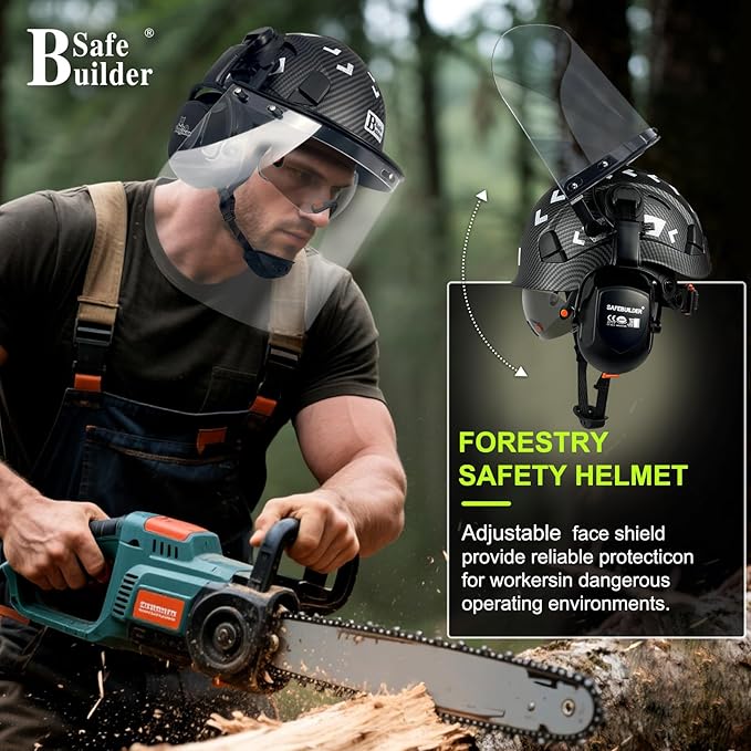 Forestry Safety Helmet with Build-in Visor Mesh Face Shield Ear Muffs 4 in 1 Chainsaw Safety Hard Hats-StrideForce Fitness